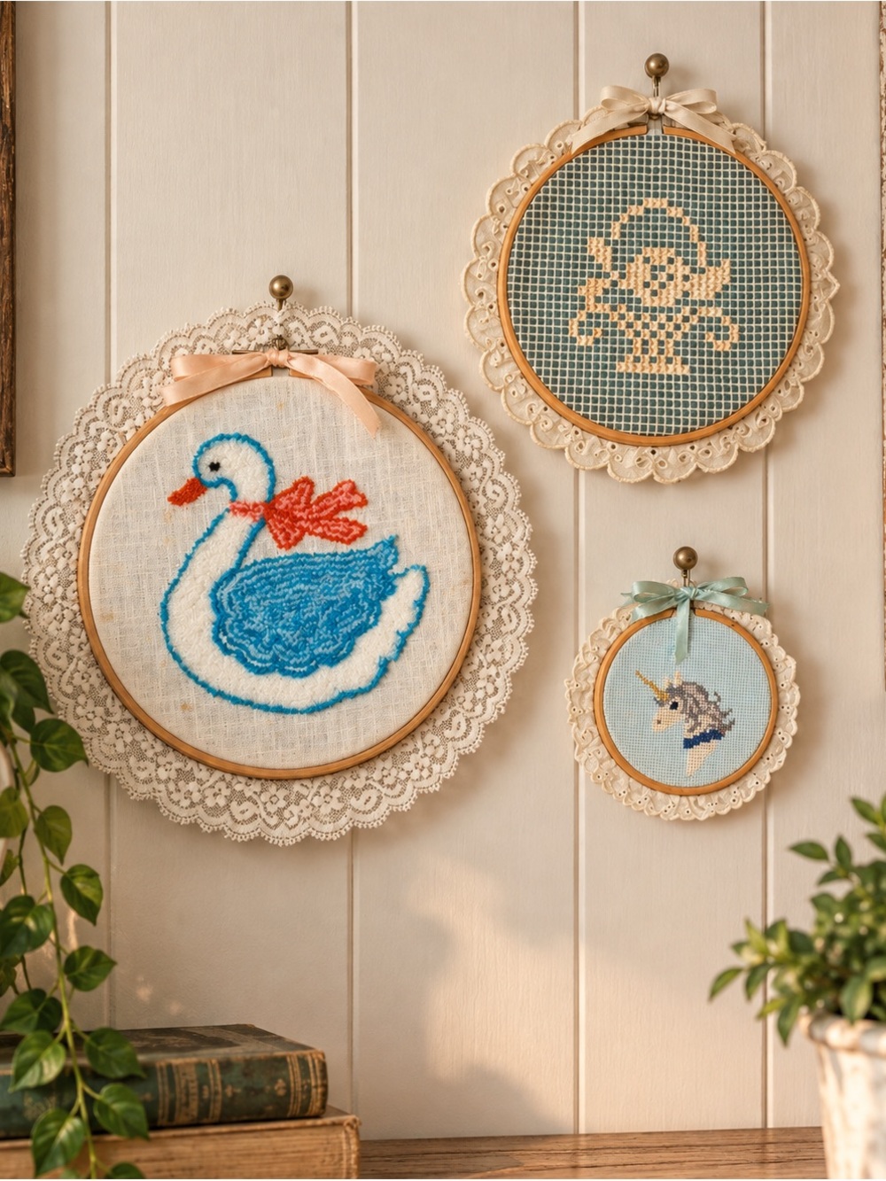 Vintage Embroidery Hoop Wall Art Set of 3 Swan Basket Unicorn Lace Cottagecore